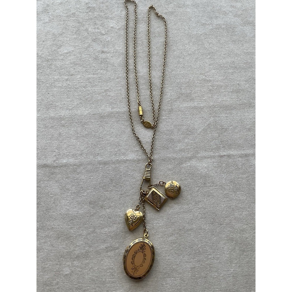 Signed 1928 Gold Tone Multi Locket Necklace Estate Jewelry